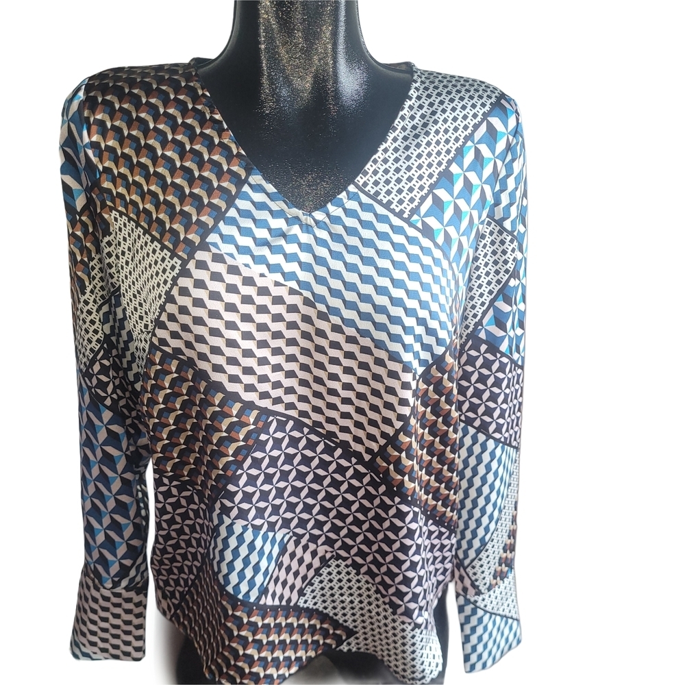 Kaffe Geometric Patchwork Look Patterned V-Neck Blouse 36